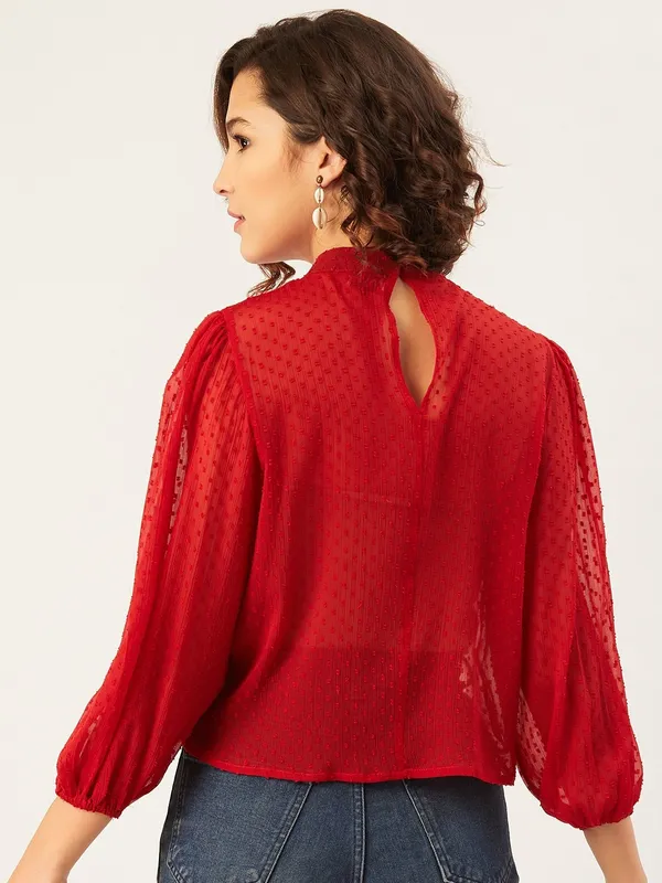 Red_Chiffon_Casual_Solid_High_Neck_Regular_Fit_Top_For_Women