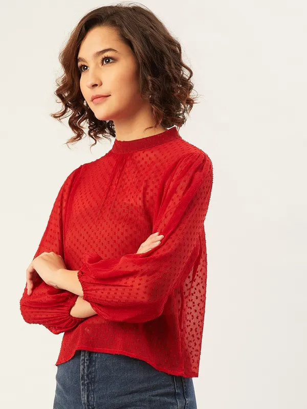 Red_Chiffon_Casual_Solid_High_Neck_Regular_Fit_Top_For_Women