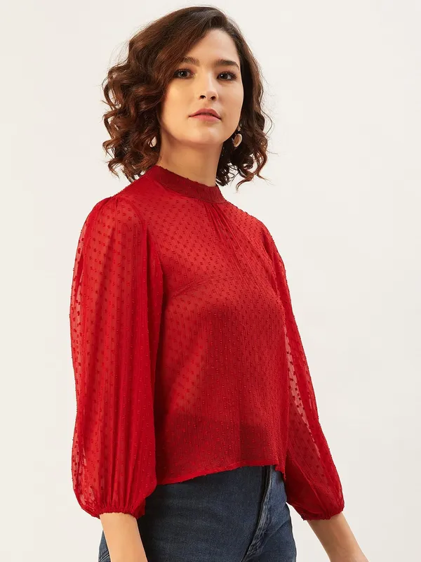 Red_Chiffon_Casual_Solid_High_Neck_Regular_Fit_Top_For_Women