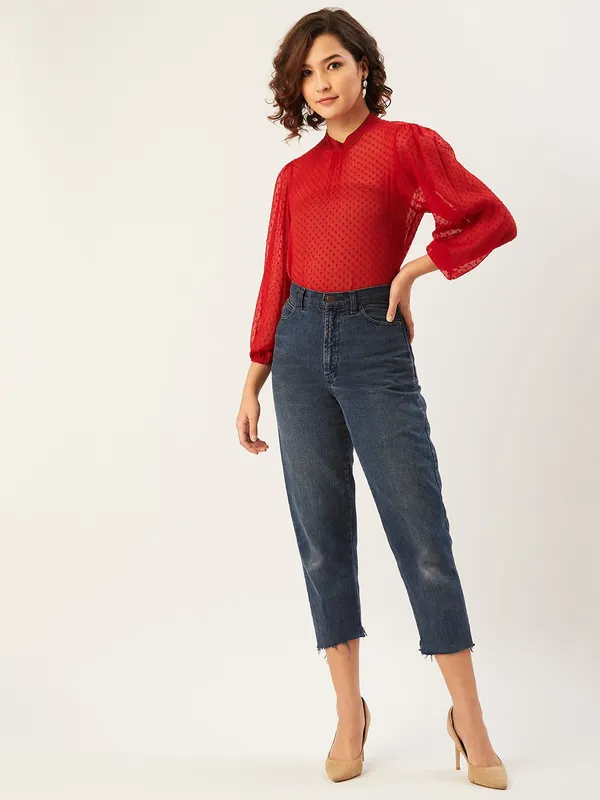 Red_Chiffon_Casual_Solid_High_Neck_Regular_Fit_Top_For_Women