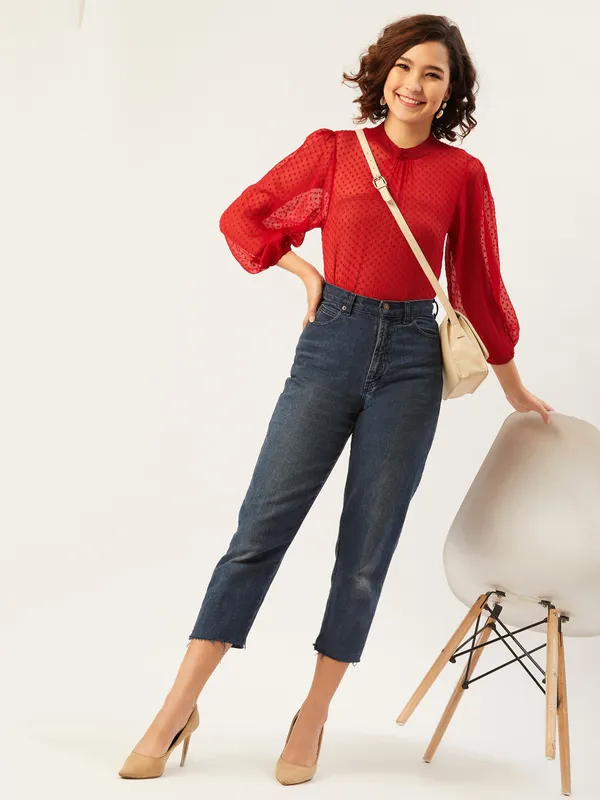 Red_Chiffon_Casual_Solid_High_Neck_Regular_Fit_Top_For_Women