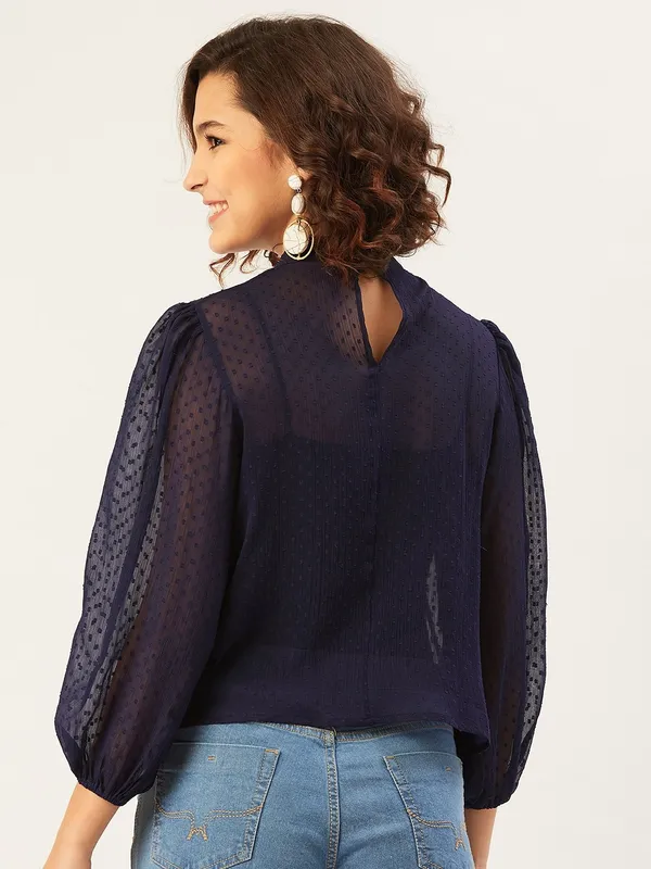 Blue_Chiffon_Casual_Solid_High_Neck_Regular_Fit_Top_For_Women