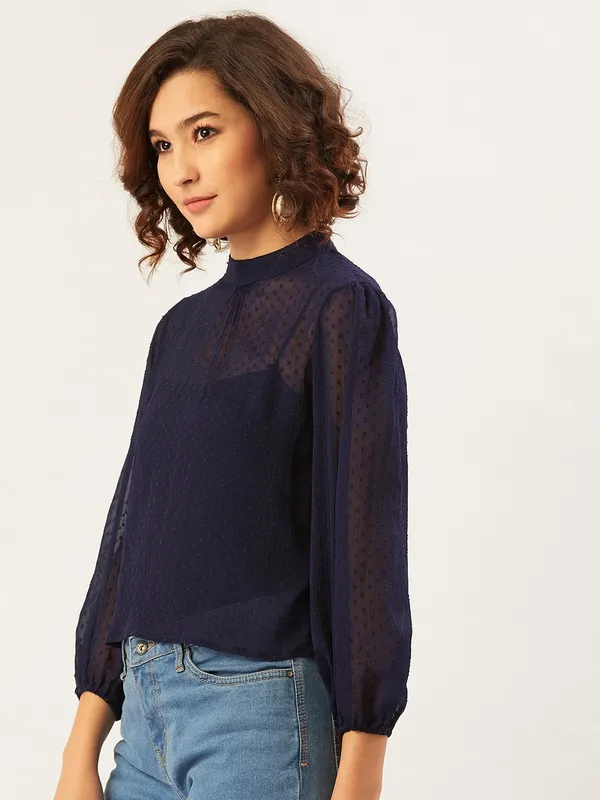 Blue_Chiffon_Casual_Solid_High_Neck_Regular_Fit_Top_For_Women