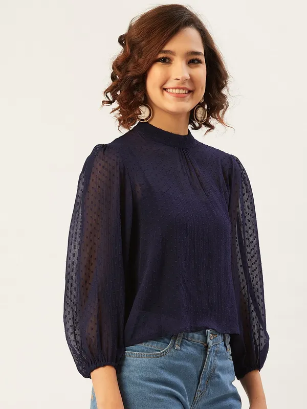 Blue_Chiffon_Casual_Solid_High_Neck_Regular_Fit_Top_For_Women