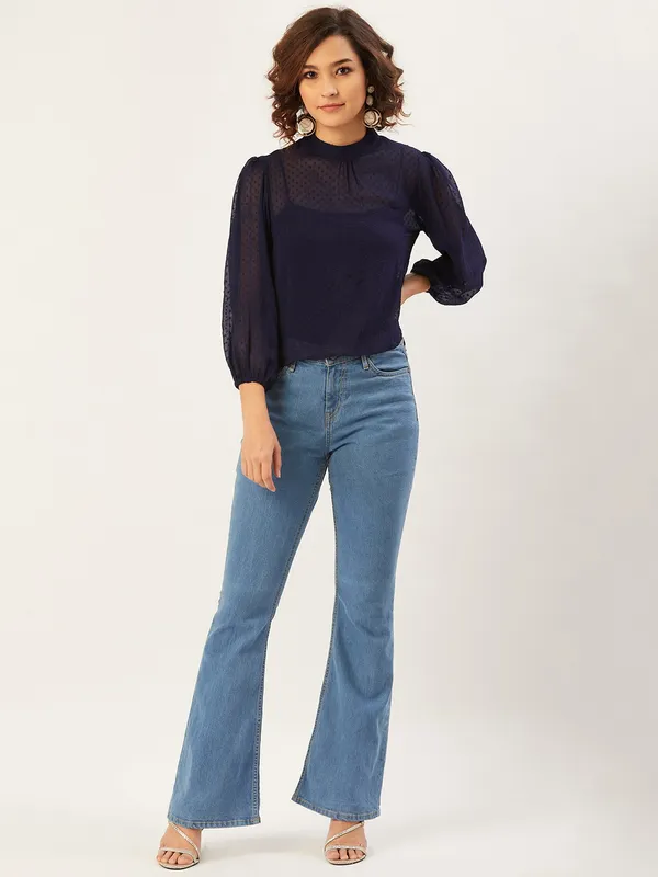 Blue_Chiffon_Casual_Solid_High_Neck_Regular_Fit_Top_For_Women