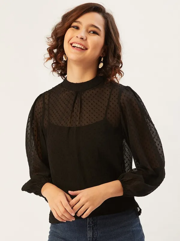 Black_Polyester_Casual_Solid_Round_Neck_Regular_Fit_Top_For_Women