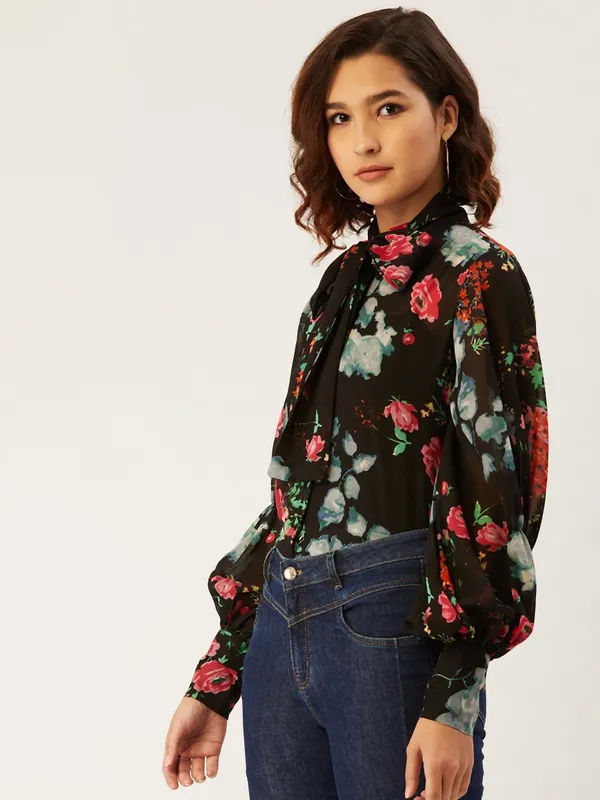 Black_Polyester_Casual_Floral_Print_Tie-Up_Regular_Fit_Top_For_Women