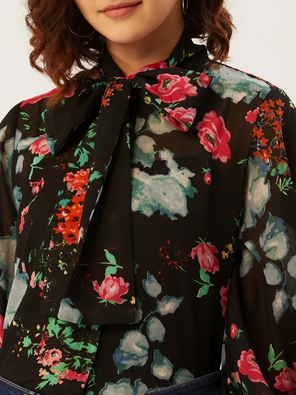 Black_Polyester_Casual_Floral_Print_Tie-Up_Regular_Fit_Top_For_Women