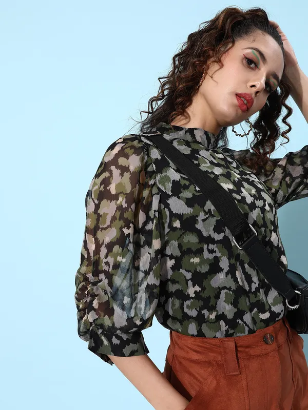 Green_Chiffon_Casual_Self_Design_Mandarin_Collar_Regular_Fit_Top_For_Women