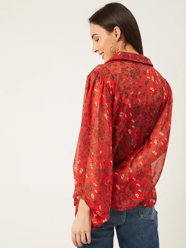Red_Chiffon_Printed_Regular_Fit_With_V-Neck_Top___For_Women