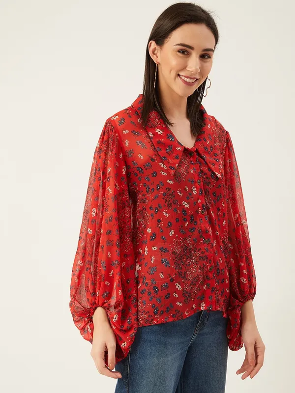 Red_Chiffon_Printed_Regular_Fit_With_V-Neck_Top___For_Women