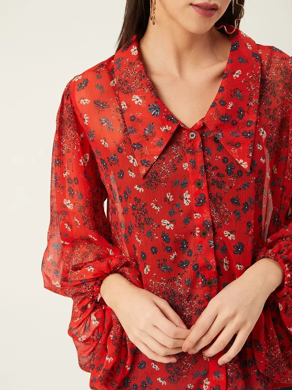 Red_Chiffon_Printed_Regular_Fit_With_V-Neck_Top___For_Women