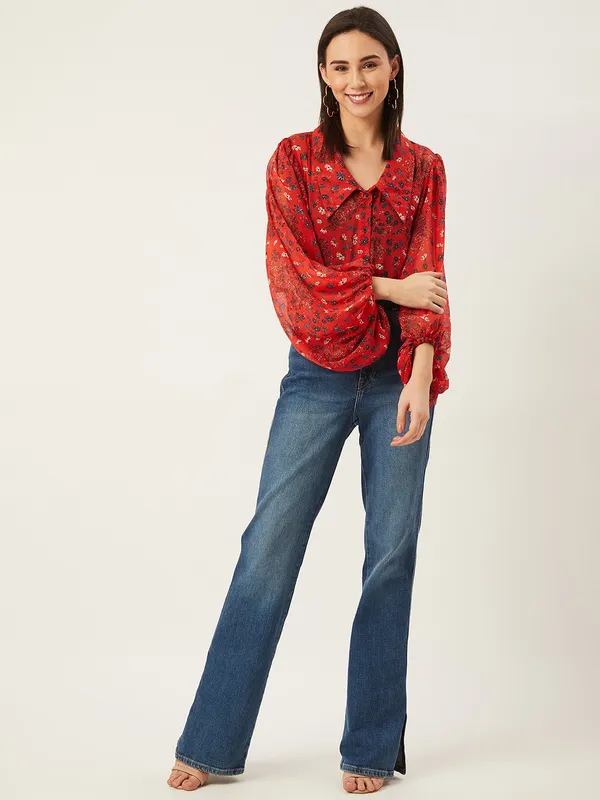 Red_Chiffon_Printed_Regular_Fit_With_V-Neck_Top___For_Women