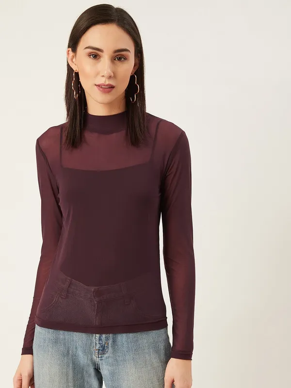 Purple_Polyester_Casual_Solid_High_Neck_Regular_Fit_Top_For_Women