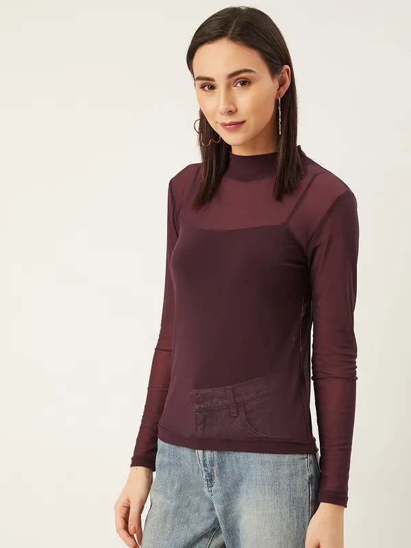 Purple_Polyester_Casual_Solid_High_Neck_Regular_Fit_Top_For_Women