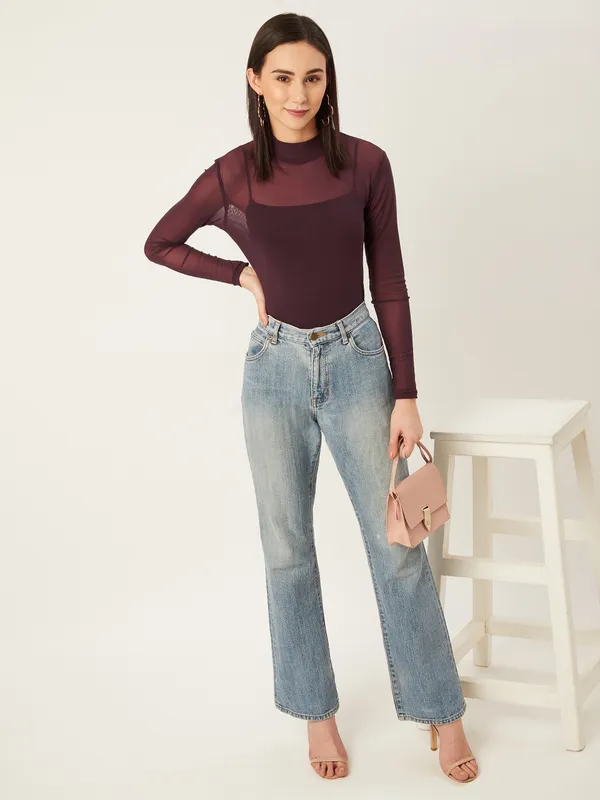 Purple_Polyester_Casual_Solid_High_Neck_Regular_Fit_Top_For_Women