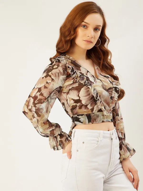 Brown_&_Peach-Coloured_Floral_Print_Ruffles_Chiffon_Wrap_Crop_Top