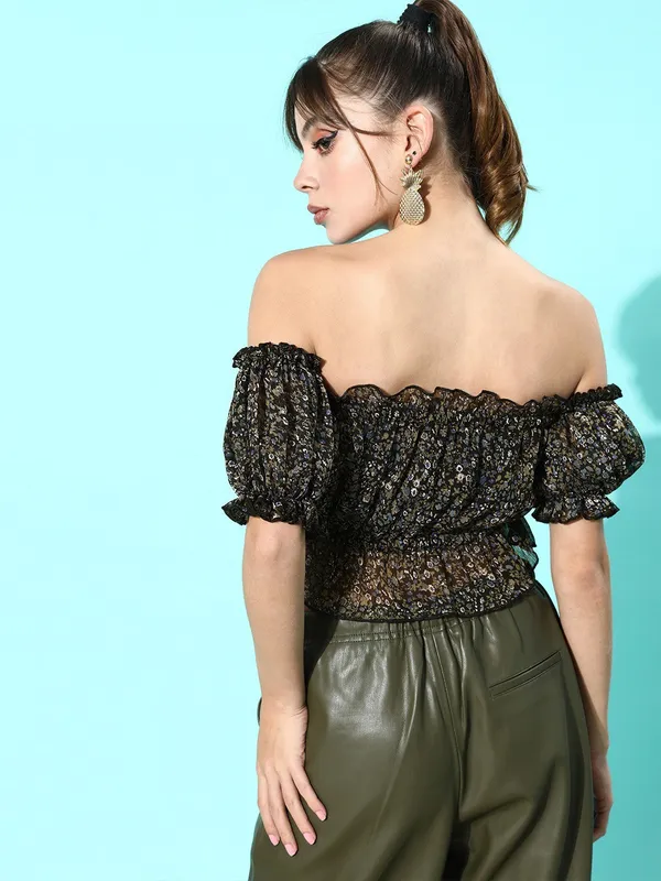 Black_Georgette_Casual_Floral_Print_Off_Shoulder_Regular_Fit_Top_For_Women