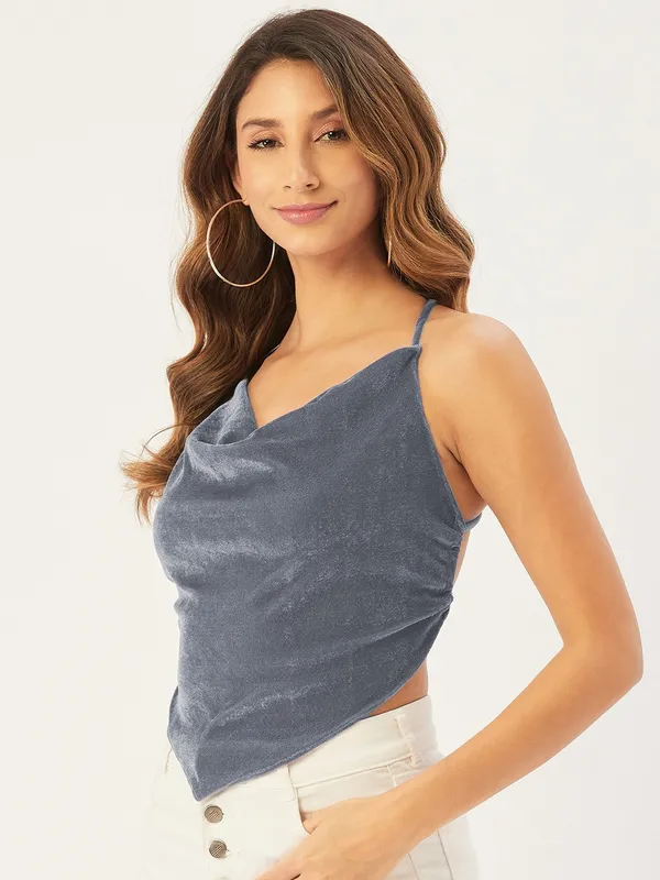 Grey_Velvet_Party_Solid_V-Neck_Slim_Fit_Top_For_Women