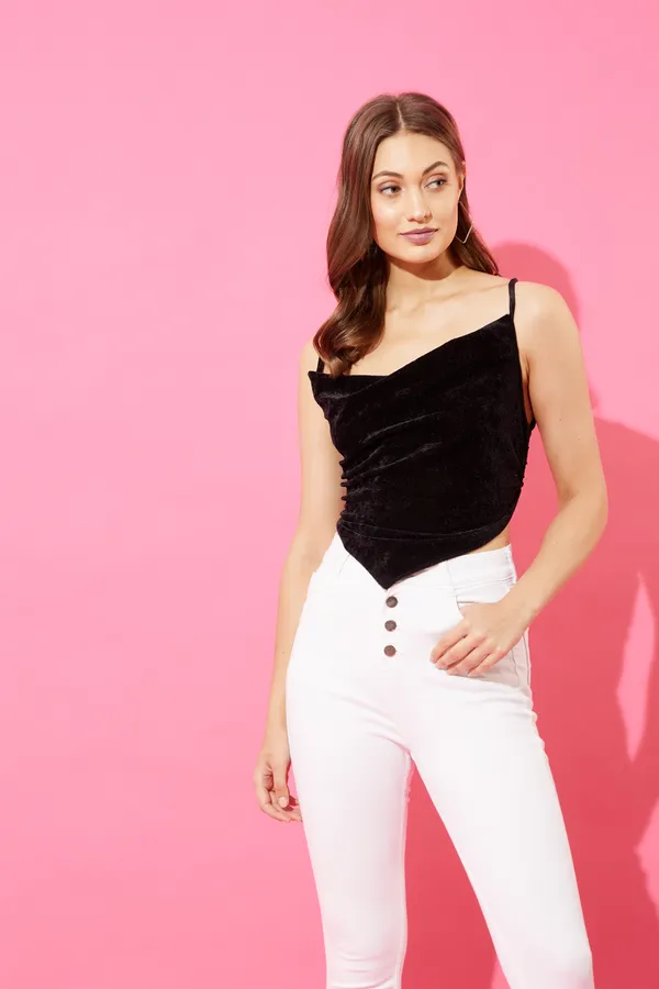 Black_Velvet_Party_Solid_V-Neck_Slim_Fit_Top_For_Women