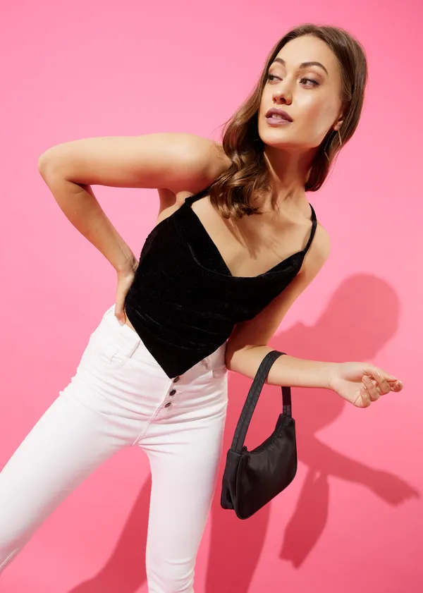 Black_Velvet_Party_Solid_V-Neck_Slim_Fit_Top_For_Women