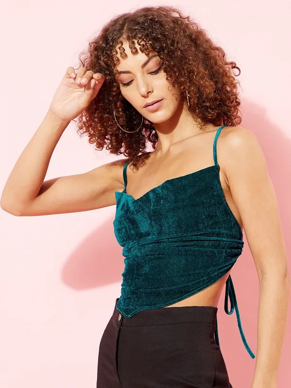 Dark_Green_Velvet_Party_Solid_V-Neck_Slim_Fit_Top_For_Women