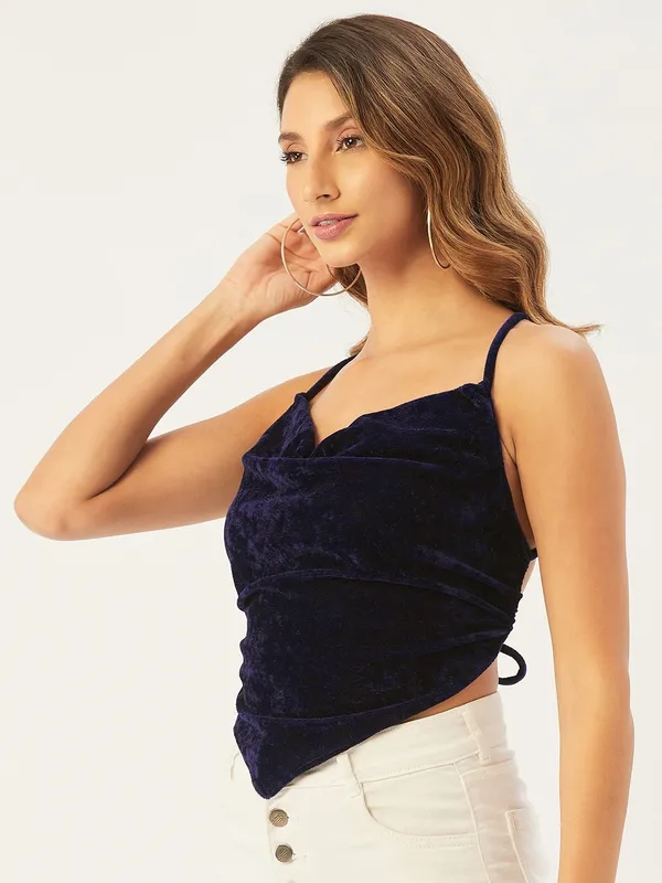 Dark_Blue_Velvet_Party_Solid_V-Neck_Slim_Fit_Top_For_Women