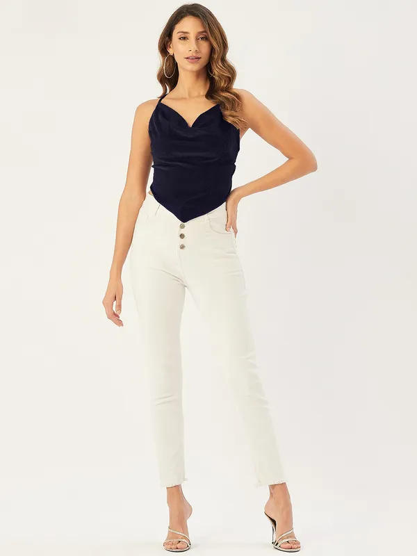 Dark_Blue_Velvet_Party_Solid_V-Neck_Slim_Fit_Top_For_Women