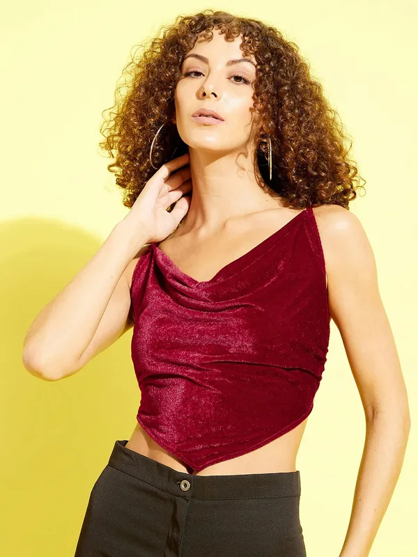 Maroon_Velvet_Party_Solid_V-Neck_Slim_Fit_Top_For_Women