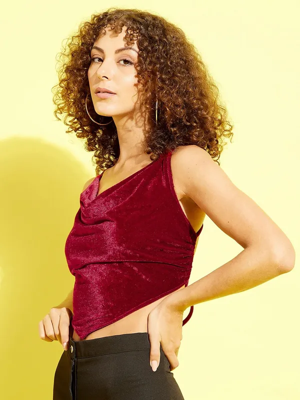 Maroon_Velvet_Party_Solid_V-Neck_Slim_Fit_Top_For_Women