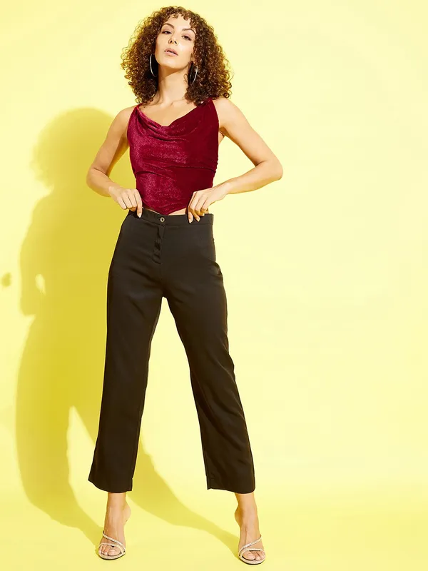 Maroon_Velvet_Party_Solid_V-Neck_Slim_Fit_Top_For_Women