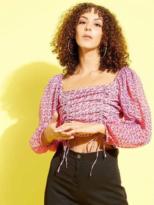 Pink_Chiffon_Casual_Printed_Square_Neck_Regular_Fit_Top_For_Women