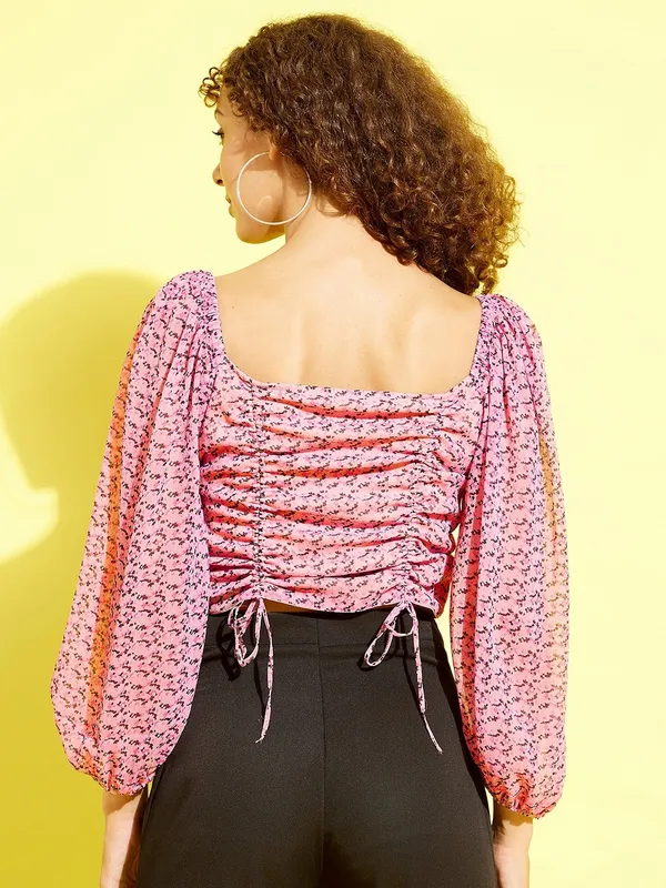 Pink_Chiffon_Casual_Printed_Square_Neck_Regular_Fit_Top_For_Women