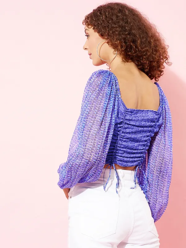 Blue_Chiffon_Casual_Printed_Square_Neck_Regular_Fit_Top_For_Women
