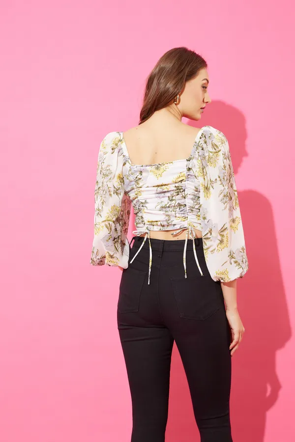 White_Georgette_Casual_Floral_Print_Square_Neck_Regular_Fit_Top_For_Women