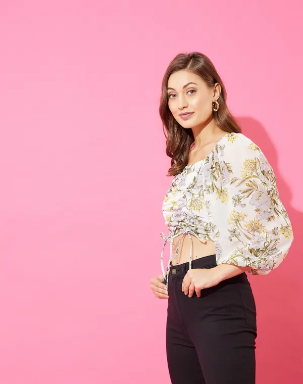 White_Georgette_Casual_Floral_Print_Square_Neck_Regular_Fit_Top_For_Women