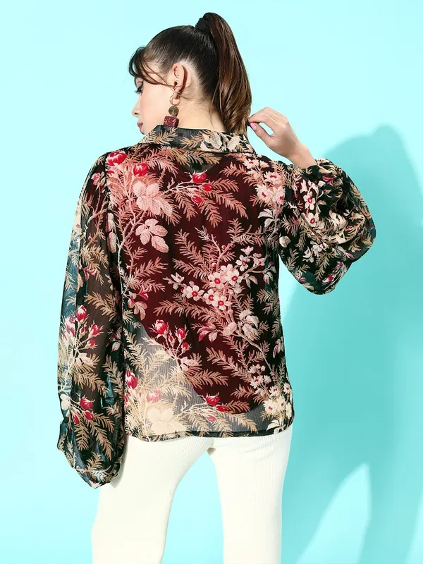 Black_Chiffon_Casual_Printed_Collared_Regular_Fit_Top_For_Women