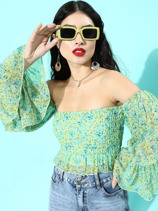 Green_Chiffon_Casual_Floral_Print_Strapless_Regular_Fit_Top_For_Women