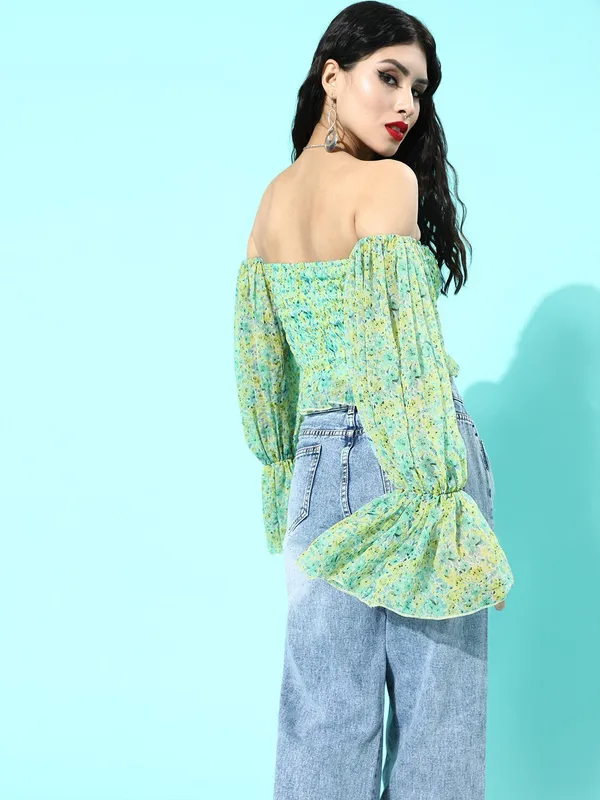 Green_Chiffon_Casual_Floral_Print_Strapless_Regular_Fit_Top_For_Women