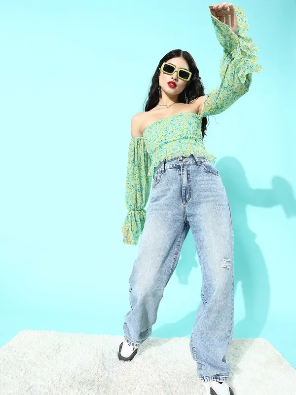 Green_Chiffon_Casual_Floral_Print_Strapless_Regular_Fit_Top_For_Women