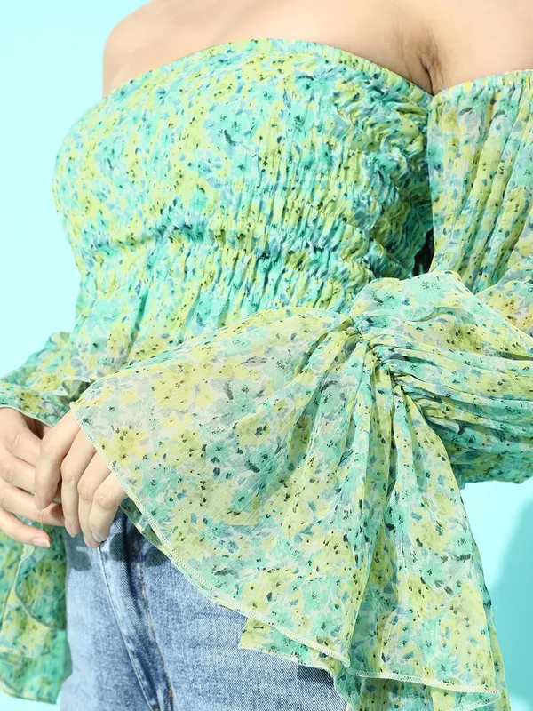 Green_Chiffon_Casual_Floral_Print_Strapless_Regular_Fit_Top_For_Women