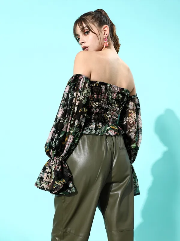 Black_&_Green_Floral_Print_Chiffon_Bardot_Crop_Top