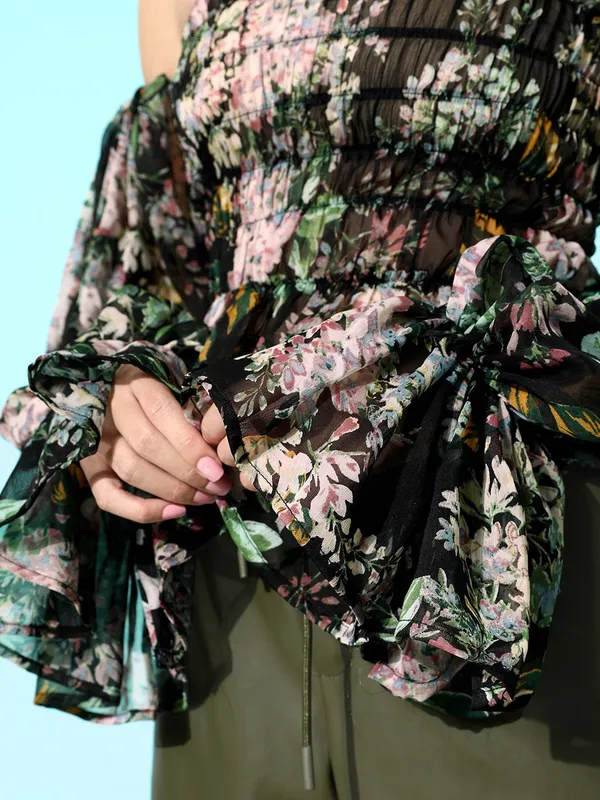 Black_&_Green_Floral_Print_Chiffon_Bardot_Crop_Top