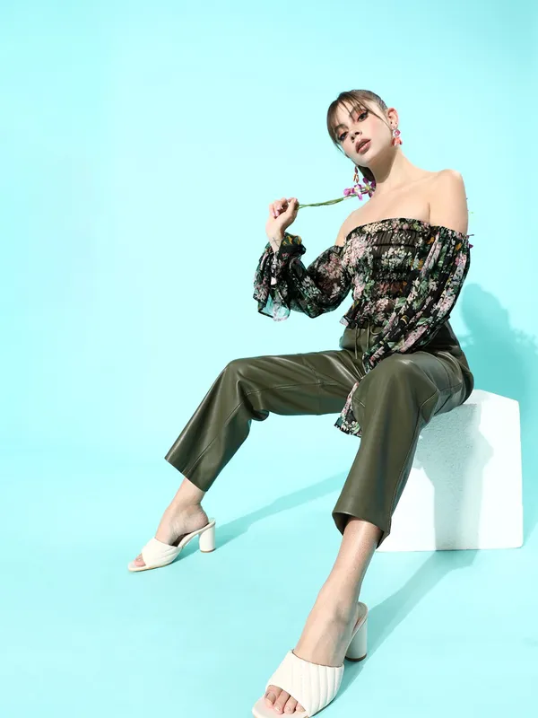 Black_&_Green_Floral_Print_Chiffon_Bardot_Crop_Top