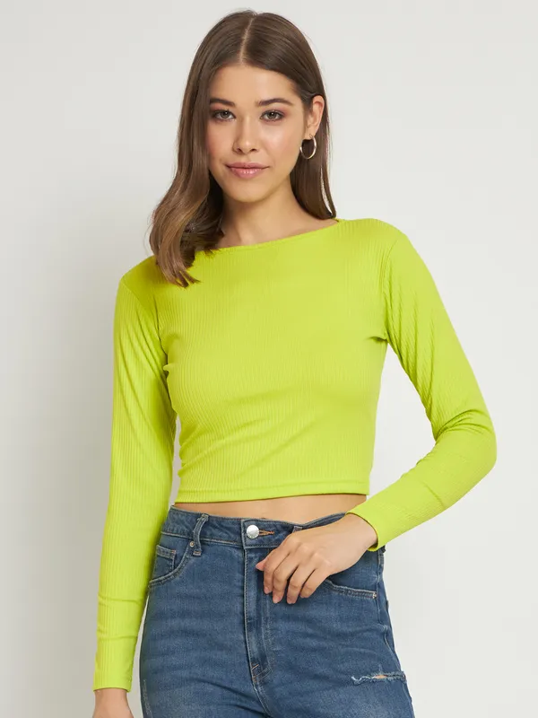 Light_Green_Cotton_Blend_Casual_Solid_Boat_Neck_Regular_Fit_Top_For_Women