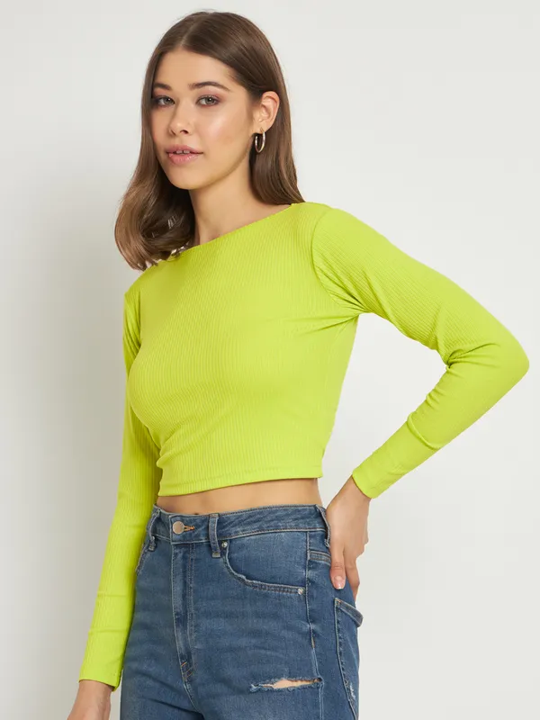 Light_Green_Cotton_Blend_Casual_Solid_Boat_Neck_Regular_Fit_Top_For_Women