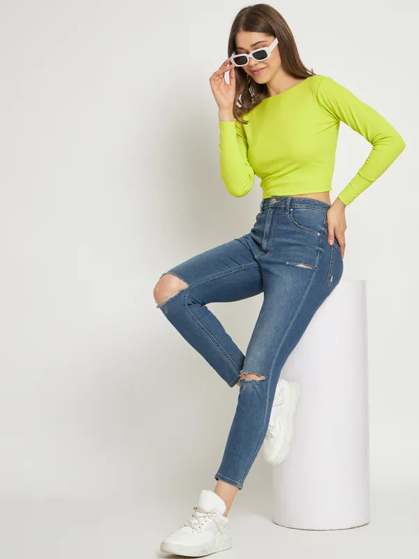 Light_Green_Cotton_Blend_Casual_Solid_Boat_Neck_Regular_Fit_Top_For_Women