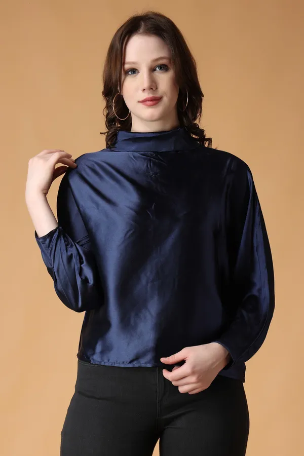 Blue_Cotton_Blend_Casual_Solid_High_Neck_Oversized_Fit_Top_For_Women