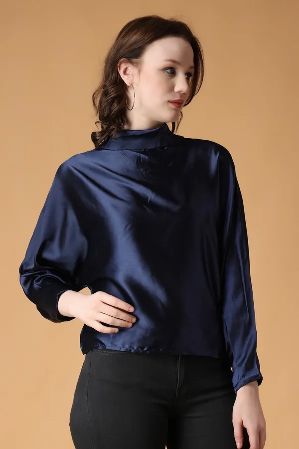 Blue_Cotton_Blend_Casual_Solid_High_Neck_Oversized_Fit_Top_For_Women