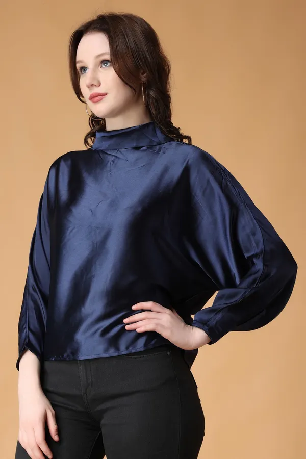 Blue_Cotton_Blend_Casual_Solid_High_Neck_Oversized_Fit_Top_For_Women